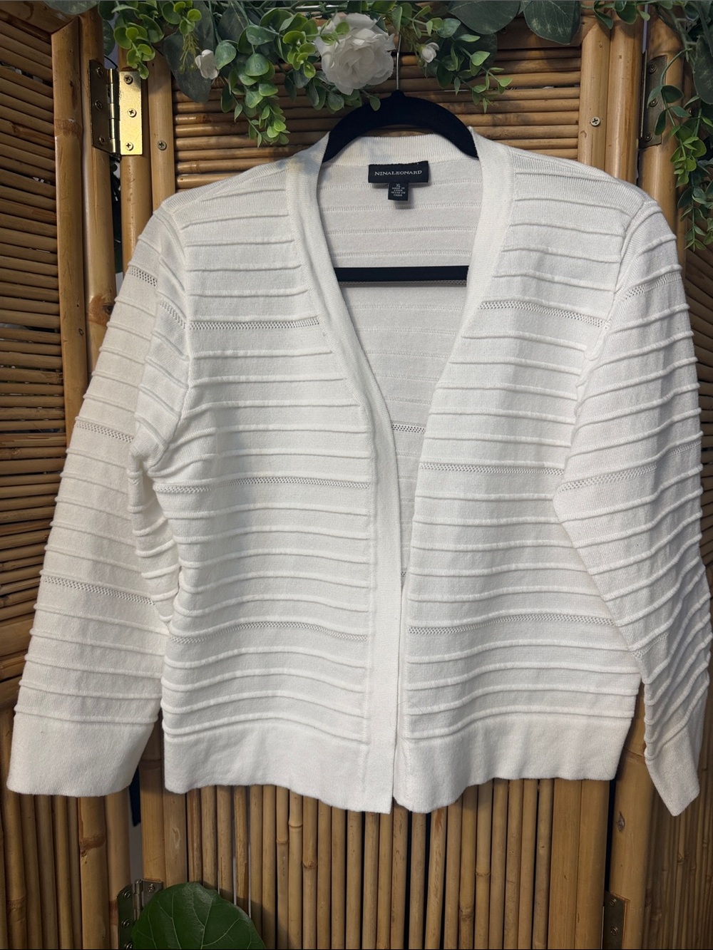 Nina Leonard White Open-Front Ribbed Knit Cardigan